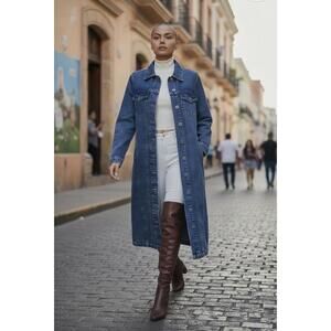 Long Denim Button-Up Trench\Dress with Distressed Details
